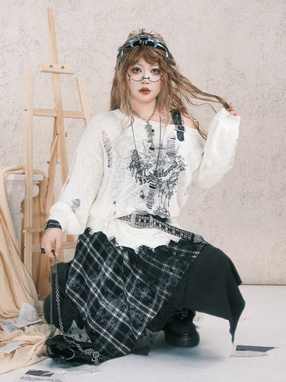 Plus Size Black Plaid Patchwork Handkerchief Hem Skirt with Star Embroidered Lace Layer