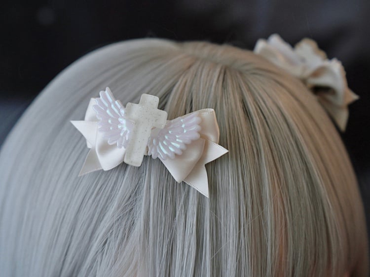 White Gothic Cross Wing Bow Hairclips