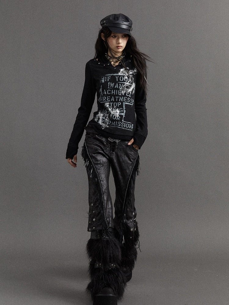 Black Fake Two-Piece V-Neck Top with Letter Print