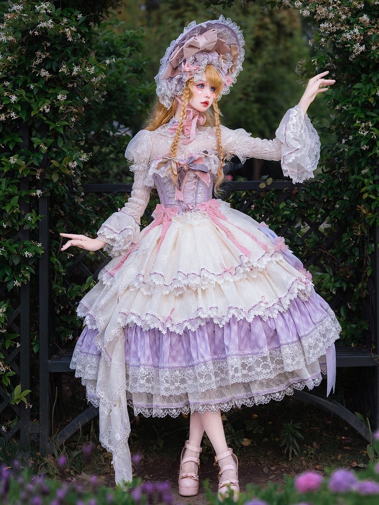Purple and Pink Boned Corset Top + Tiered Skirt Gorgeous Hime Lolita Full Set
