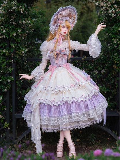 Purple and Pink Boned Corset Top + Tiered Skirt Gorgeous Hime Lolita Full Set
