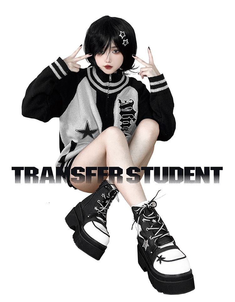 Star Appliques Punk Black Denim Platform Ankle Boots