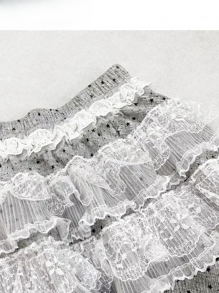 Gray Y2K Bittersweet Wide-leg Cut Pants + Polka-dot Pattern Lace Trim Tiered Skirt