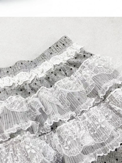 Gray Y2K Bittersweet Wide-leg Cut Pants + Polka-dot Pattern Lace Trim Tiered Skirt