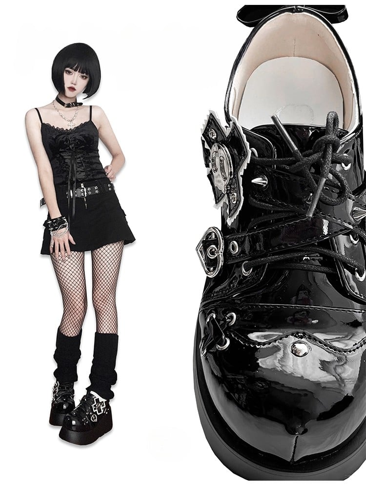 Punk Skull Polished Black Gothic Platforms Silver-tone Spike Studs