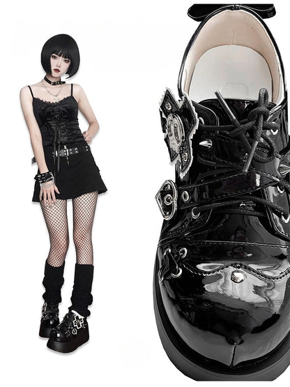 Punk Skull Polished Black Gothic Platforms Silver-tone Spike Studs