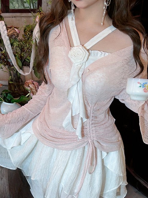 Plus Size Pink Drawstring Design Long Sleeves Top