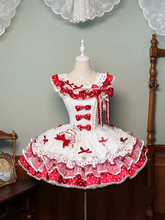 White and Red Polka-dot Bowknots on Bodice Tiered Skirt Sweet Lolita Jumper Skirt