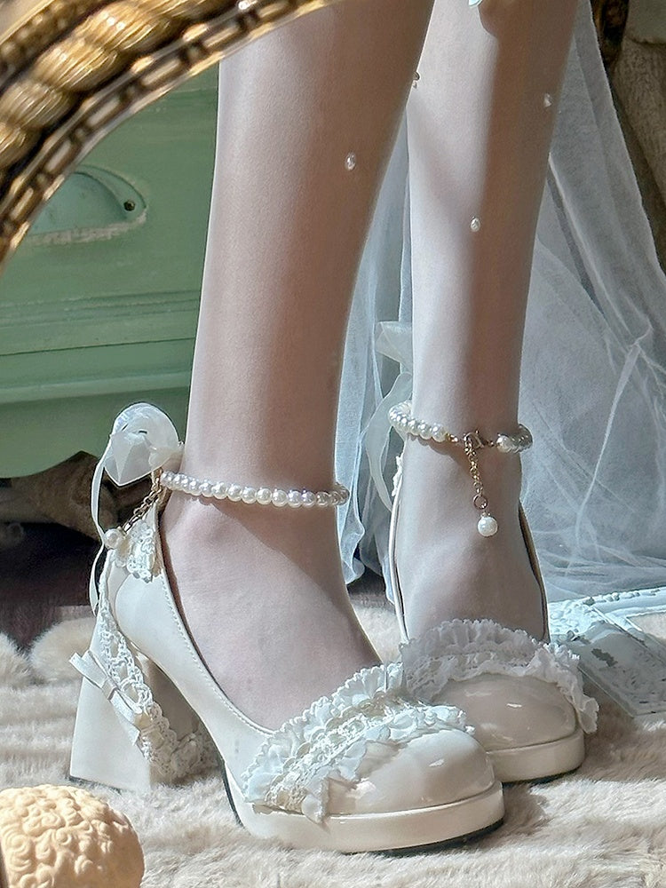 Beige Bow Accent Detachable Beaded Chain Lolita Block Heels