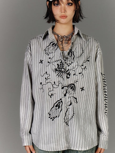Oversized Silhouette Black & White Stripes Distressed Graffiti Shirt
