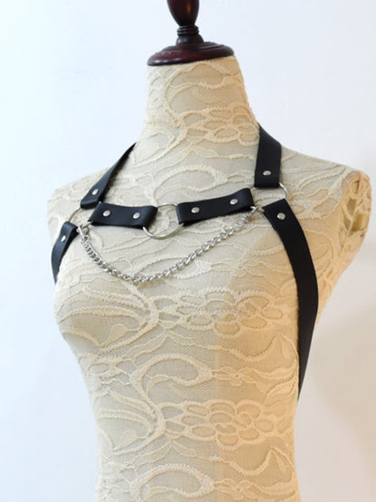 Black Cyberpunk PU Strap Chain Harness