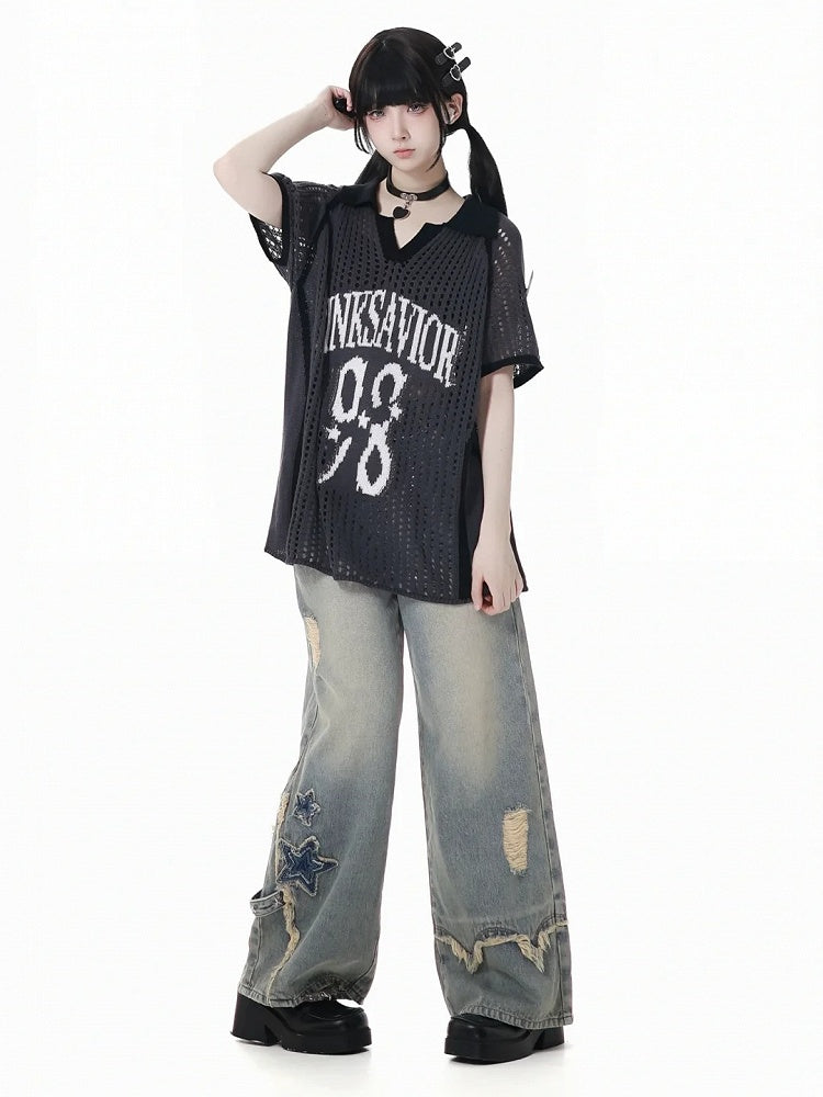 Blue Star Appliques Raw Hem Distressed Wide-leg Jeans with Waist Chain