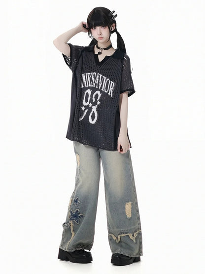 Blue Star Appliques Raw Hem Distressed Wide-leg Jeans with Waist Chain