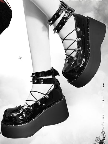 Front Lace-up Spike Stud Detailing Polished Black Punk Lolita Platforms