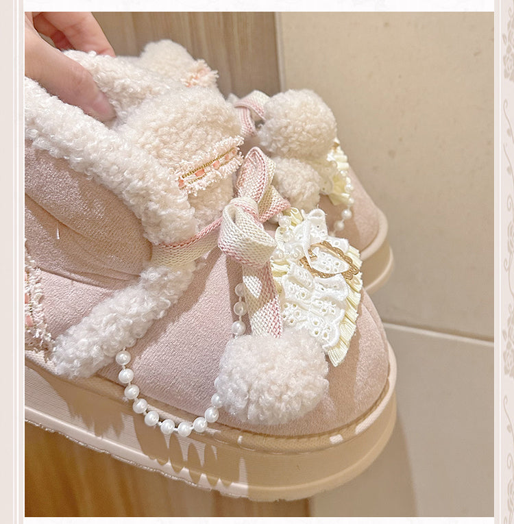 Beige&Pink Pompons Plush Platform Ugg Boots with Beaded Chain