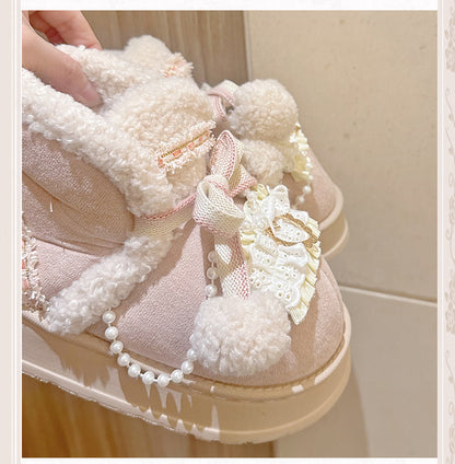 Beige&Pink Pompons Plush Platform Ugg Boots with Beaded Chain