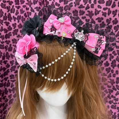 Two Black&Pink Rhinestone Heart And Crown Decorated Lace Trim Bead Chain Bowknot Hairclips With Dual Floral Hairclips