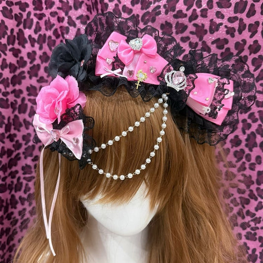 Two Black&Pink Rhinestone Heart And Crown Decorated Lace Trim Bead Chain Bowknot Hairclips With Dual Floral Hairclips
