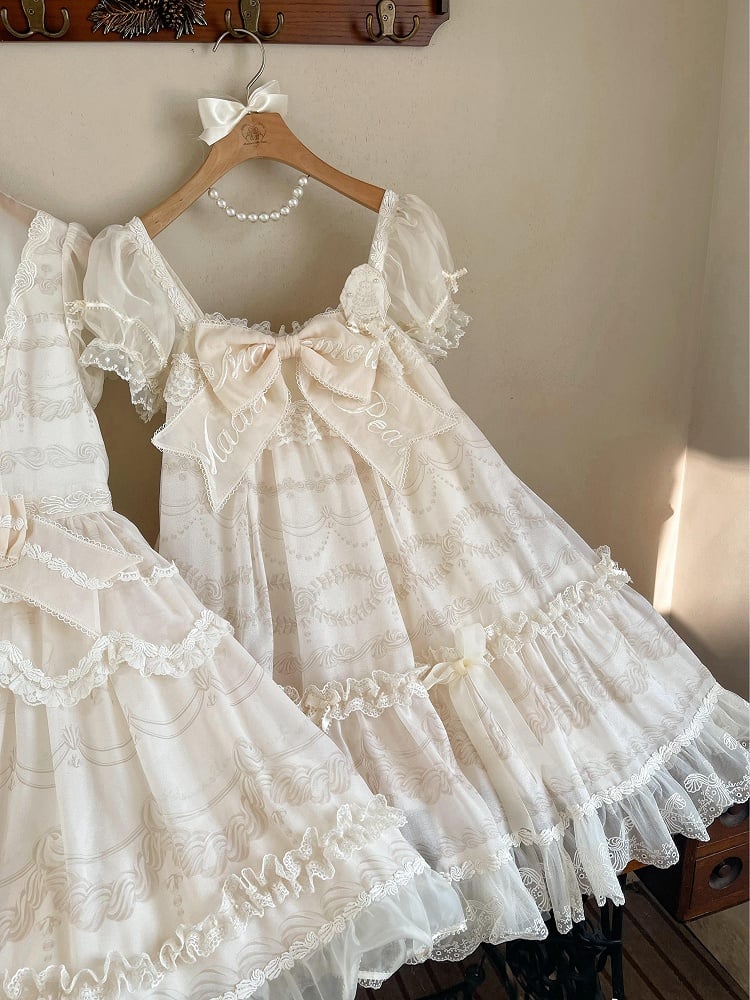 Embroidered Big Bow Neckline Cream Print Creamy White Puff Sleeves Lolita Dress