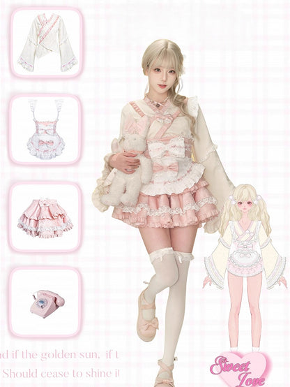 Pink & White Sash Apron with Lace Trim and Bow Accents