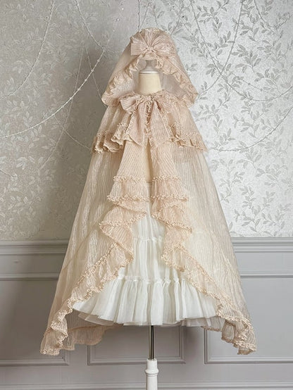 Champagne Self-tie Big Bow Neckline Cloak Cascading Ruffle Trimming