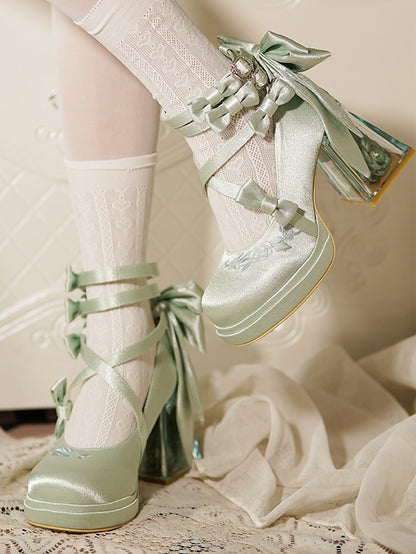 Green Camellia Flower High Block Heel Elegant Platform High Heels