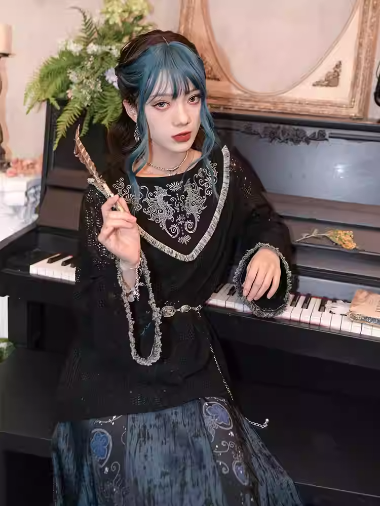 Seahorse and Coral Embroidery Tassel Hem Black Cheongsam Style Hollow-out Lace Top