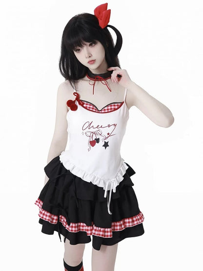 Black & Red Plaid Tiered Skirt with Ruffled Hem
