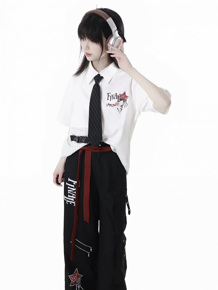 Contrast Red and Black Buttons Leather Buckle Strap White Short Sleeves Shirt Long/Short Version