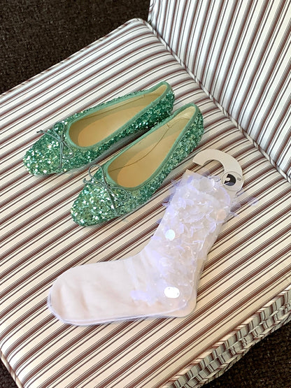 White Sequins Details Calf Socks