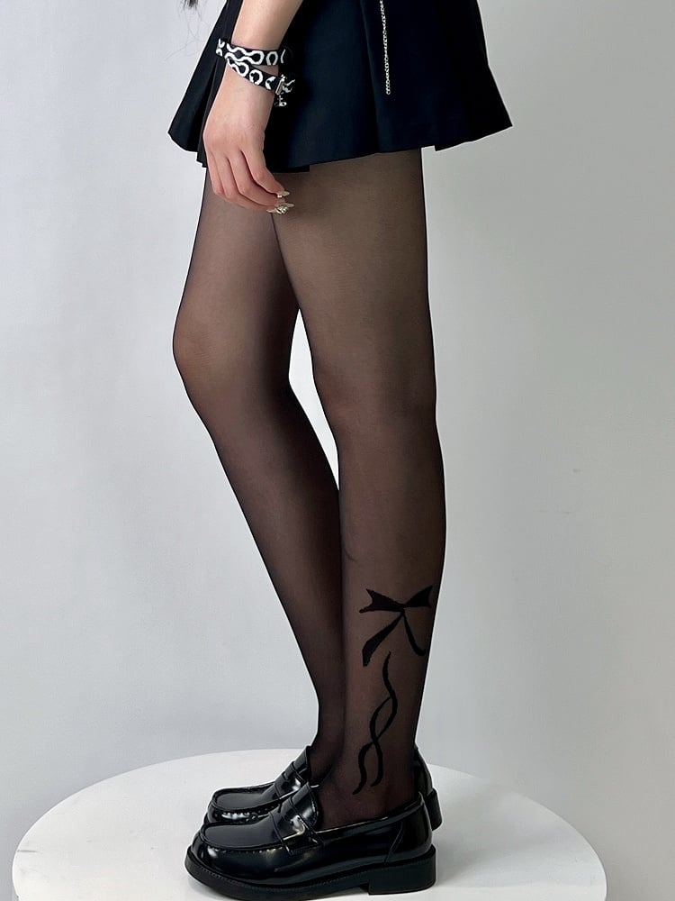 Black Y2K Bowknot Print Tights