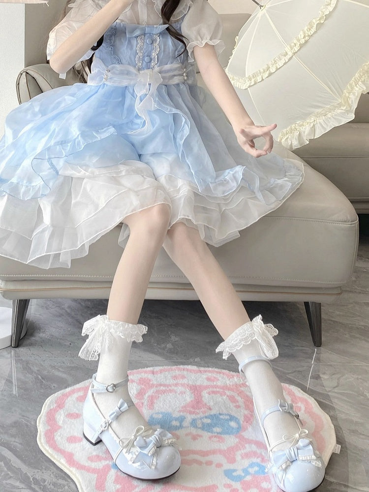 Blue Ruffle Trim Decorated Bow at Top 3.5CM Sweet Lolita Block Heel Mary Janes