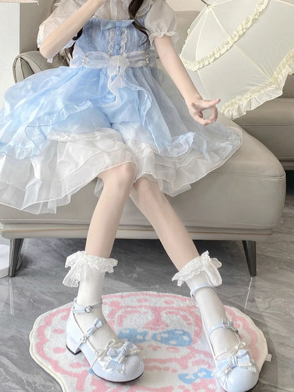 Blue Ruffle Trim Decorated Bow at Top 3.5CM Sweet Lolita Block Heel Mary Janes