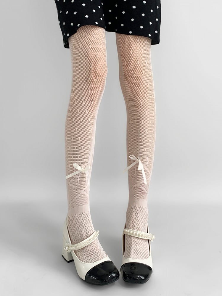 Bowknot Details Black/White Punk Fishnet Tights