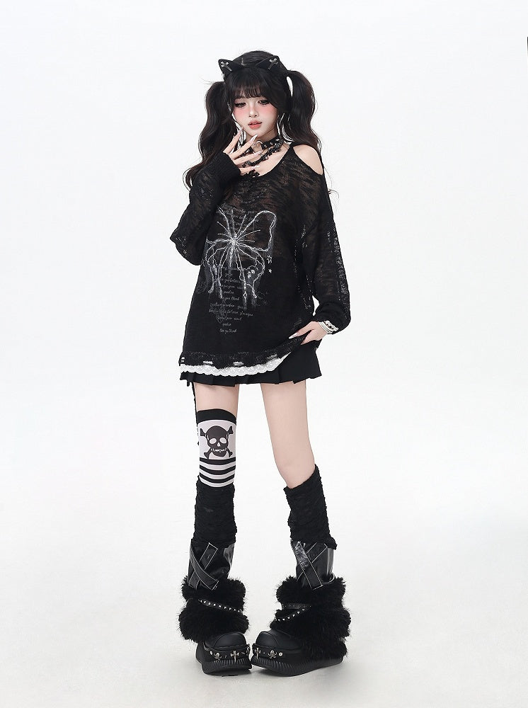 Butterfly Print Cutout Shoulder Lace Trim Black/Beige Knit Coverup