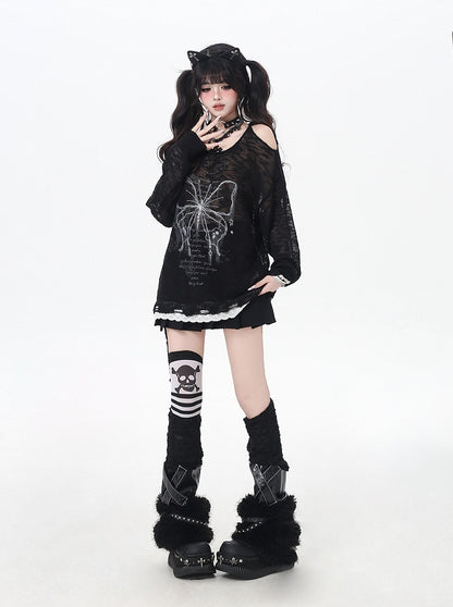 Butterfly Print Cutout Shoulder Lace Trim Black/Beige Knit Coverup