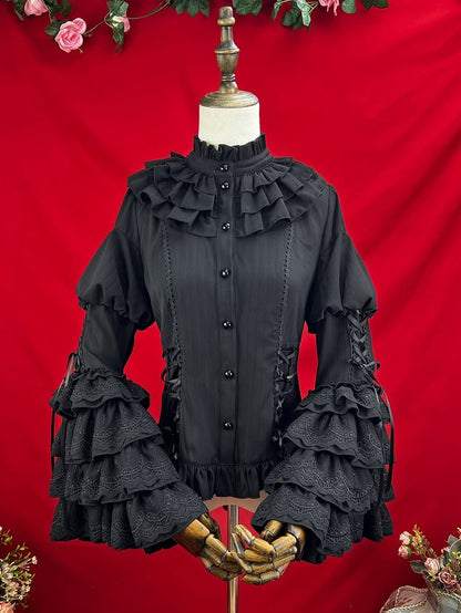 Black Ruffle Neckline Layered Bell Sleeves Kuro Gothic Lolita Shirt with Jabot Tie