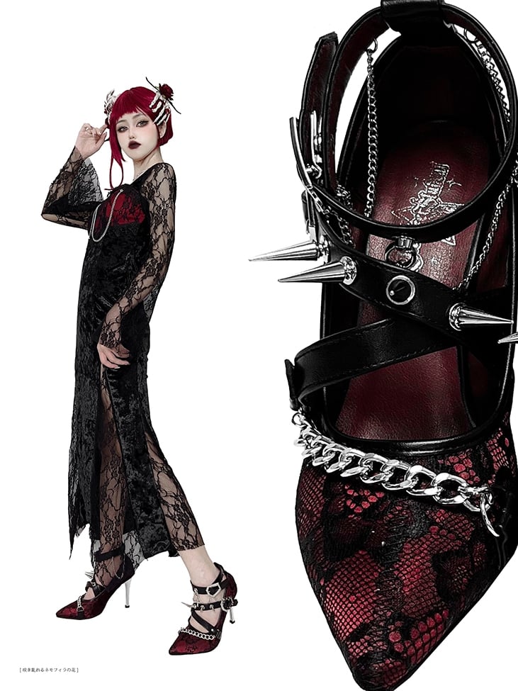 Spike Studs Coffin-shaped Buckles Red Lace Gothic Punk Stiletto Heels with Chains