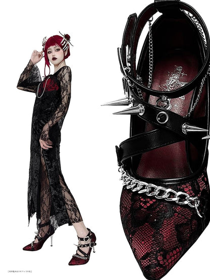Spike Studs Coffin-shaped Buckles Red Lace Gothic Punk Stiletto Heels with Chains