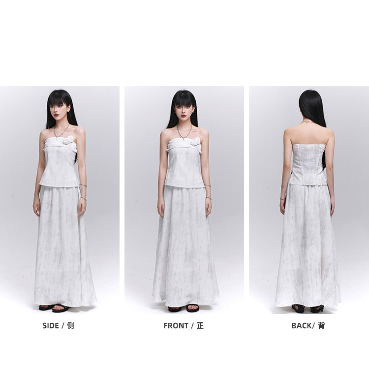 Off-white Floral Embellished Strapless Top / Elastic Waist Skirt