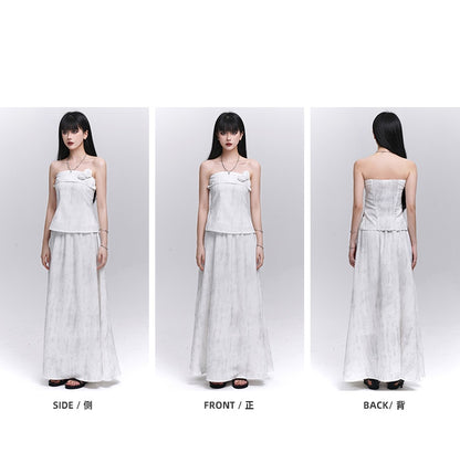 Off-white Floral Embellished Strapless Top / Elastic Waist Skirt