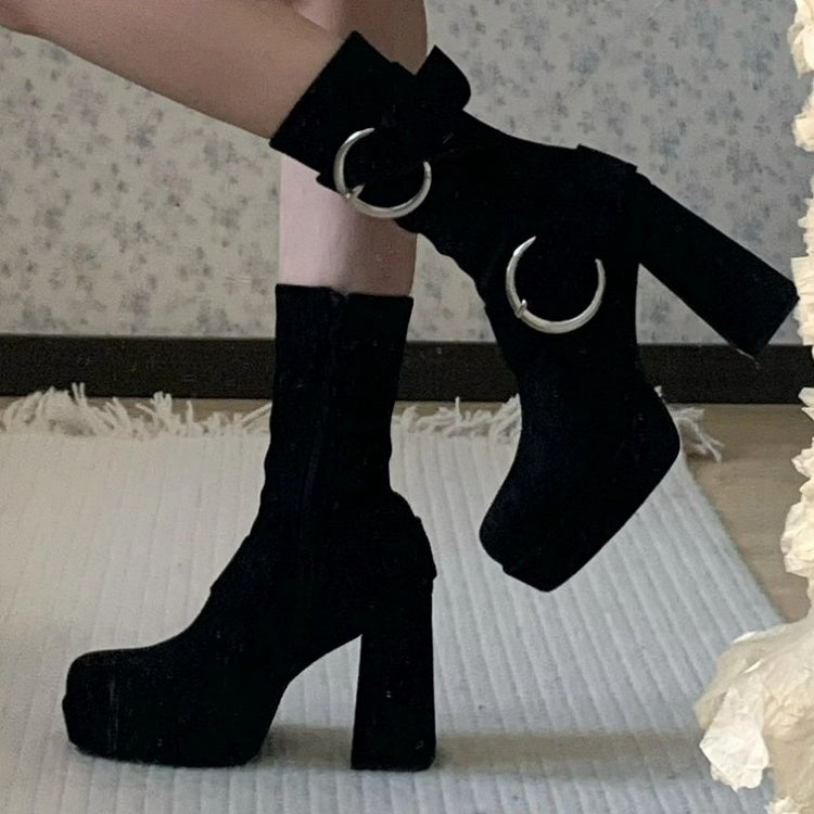 Platform Black High Block Heel Boots with Square Toe Design, Decorative Buckles & Inner Zip