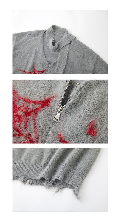 Punk Spiderwebs Gray V-neck Distressed Holes Loose Zip Cardigan with Scarf