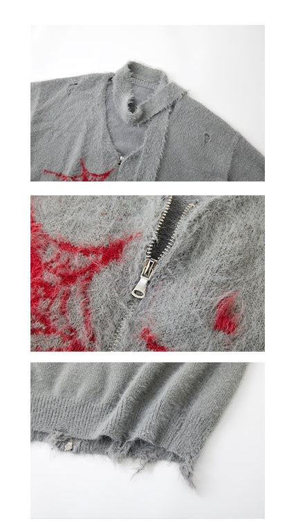 Punk Spiderwebs Gray V-neck Distressed Holes Loose Zip Cardigan with Scarf