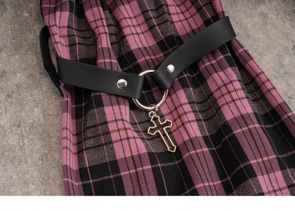 Pins Decorated Black and Pink Plaid Leg Sleeves