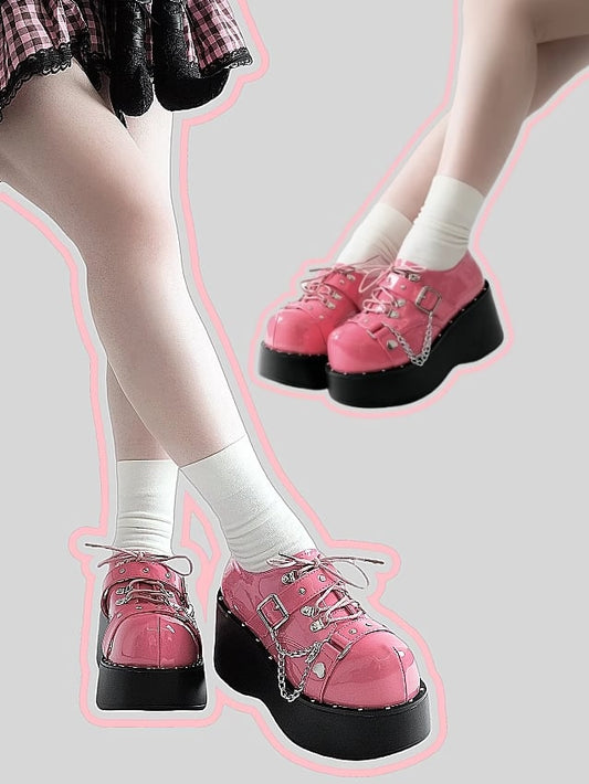 Watermelon Red Y2K Bittersweet Studs Details Chain Charm Front Lace-up Ties Platforms