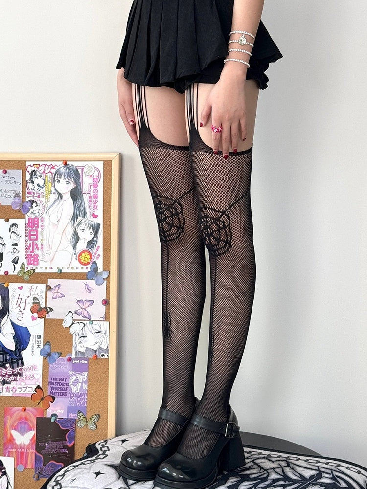 Black Gothic Spider And Spiderweb Pattern Suspender Stockings