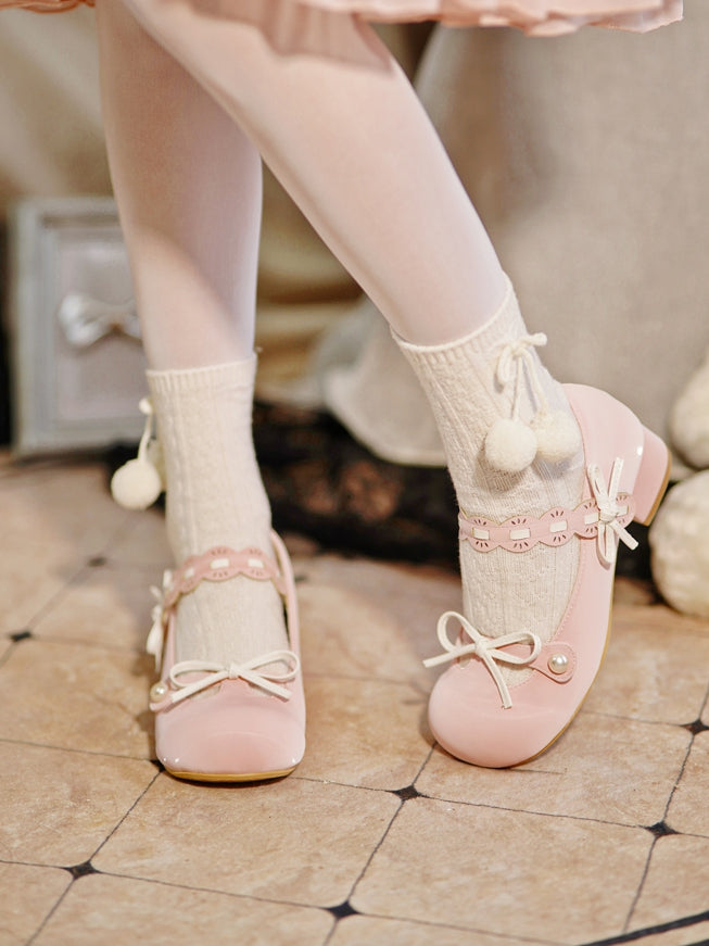Pink Beaded Decorated Knotted Bow at Top Round Toe Lolita Shoes