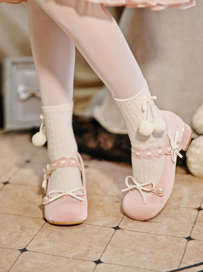 Pink Beaded Decorated Knotted Bow at Top Round Toe Lolita Shoes
