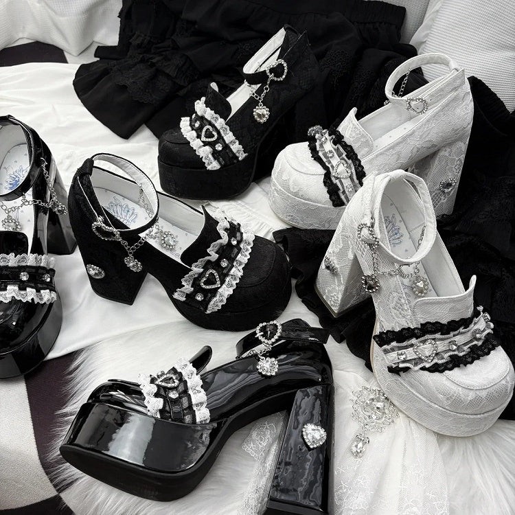 Jirai Kei Black Lace Platform Heels: 12cm Chunky Block Heel with Heart Rhinestone Chain & Buckle Ankle Strap